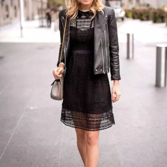 Karen Millen Collared Lace Little Black Dress Women's Size 12 - Picture 2 of 8